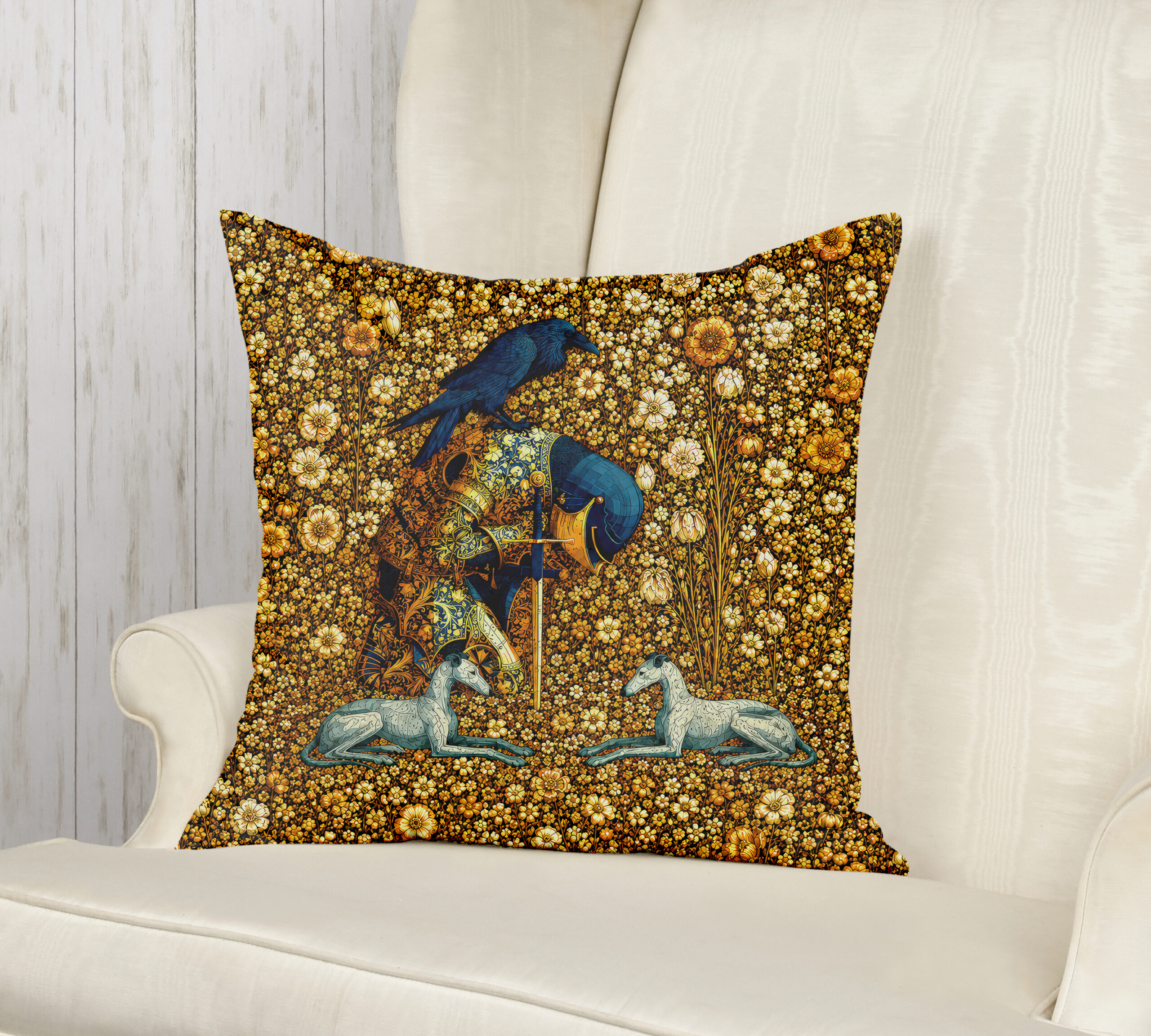 Gold Knight Pillow — Millefleur Tapestry Cushion Cover - Image 2