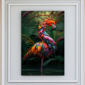 Colorful flamingo wall art canvas print with iridescent jewel-toned feathers on a green jungle background.