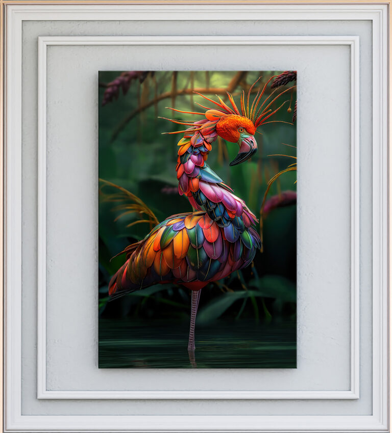 Colorful flamingo wall art canvas print with iridescent jewel-toned feathers on a green jungle background.