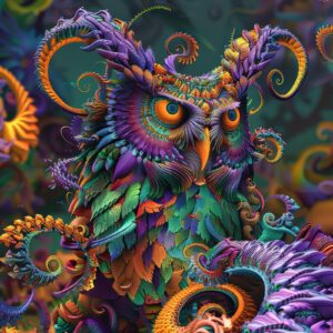 Alt: Fractal owl wall art print with ornamental plumage and orange eyes