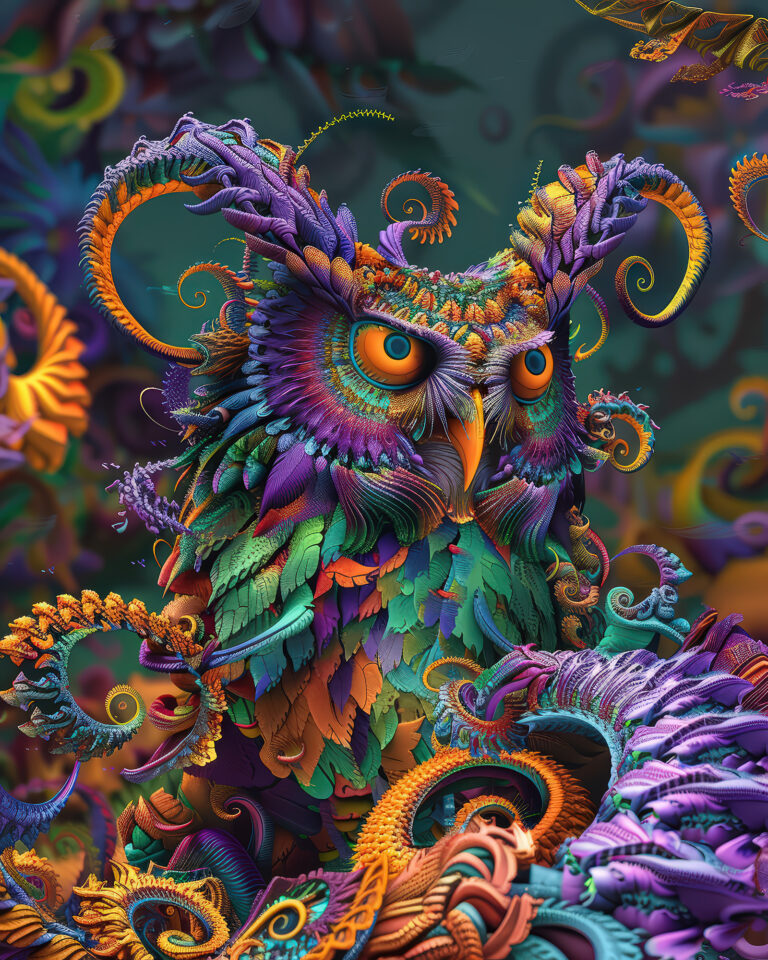 Alt: Fractal owl wall art print with ornamental plumage and orange eyes