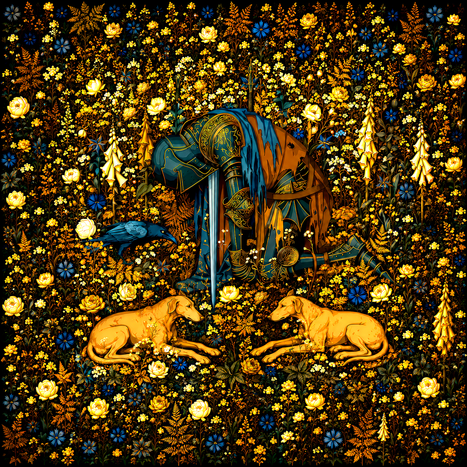 Medieval Tapestry Throw Pillow — Millefleur Knight | Deep Indigo & Gold Cushion Cover