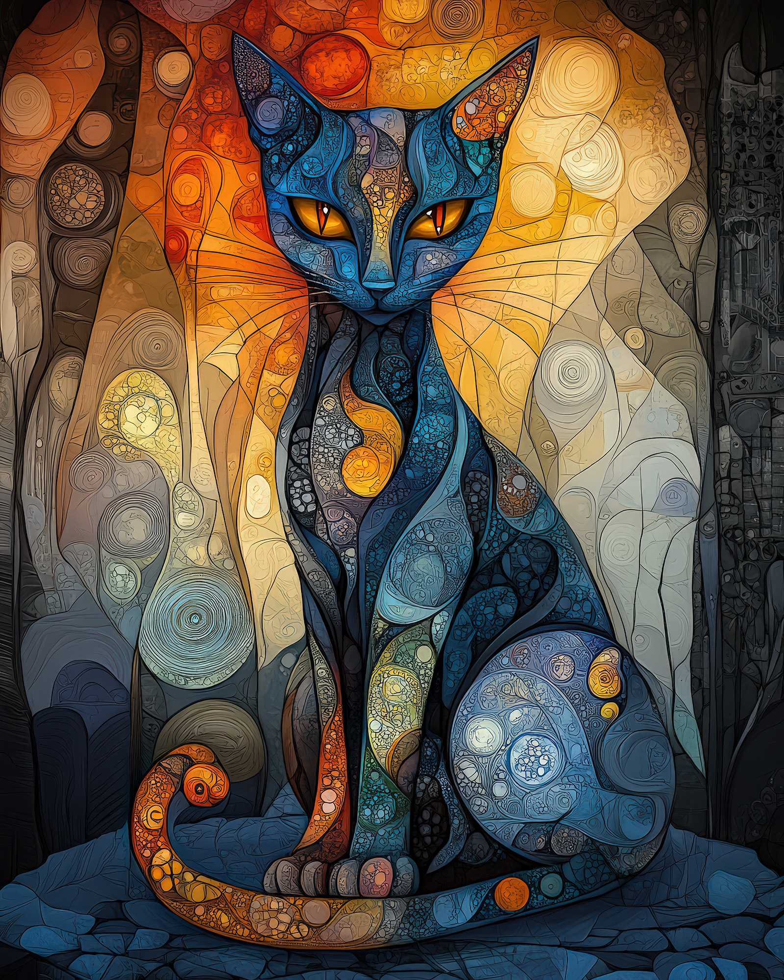 Stained Glass Cat Wall Art — 9 Colorful Printable Cat Prints, Blue and Gold - Image 9