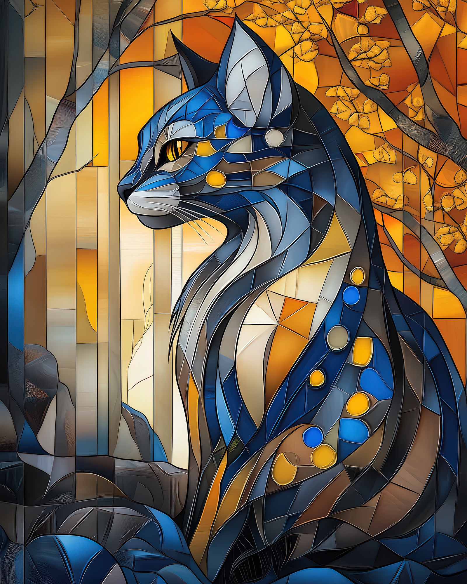 Stained Glass Cat Wall Art — 9 Colorful Printable Cat Prints, Blue and Gold - Image 6