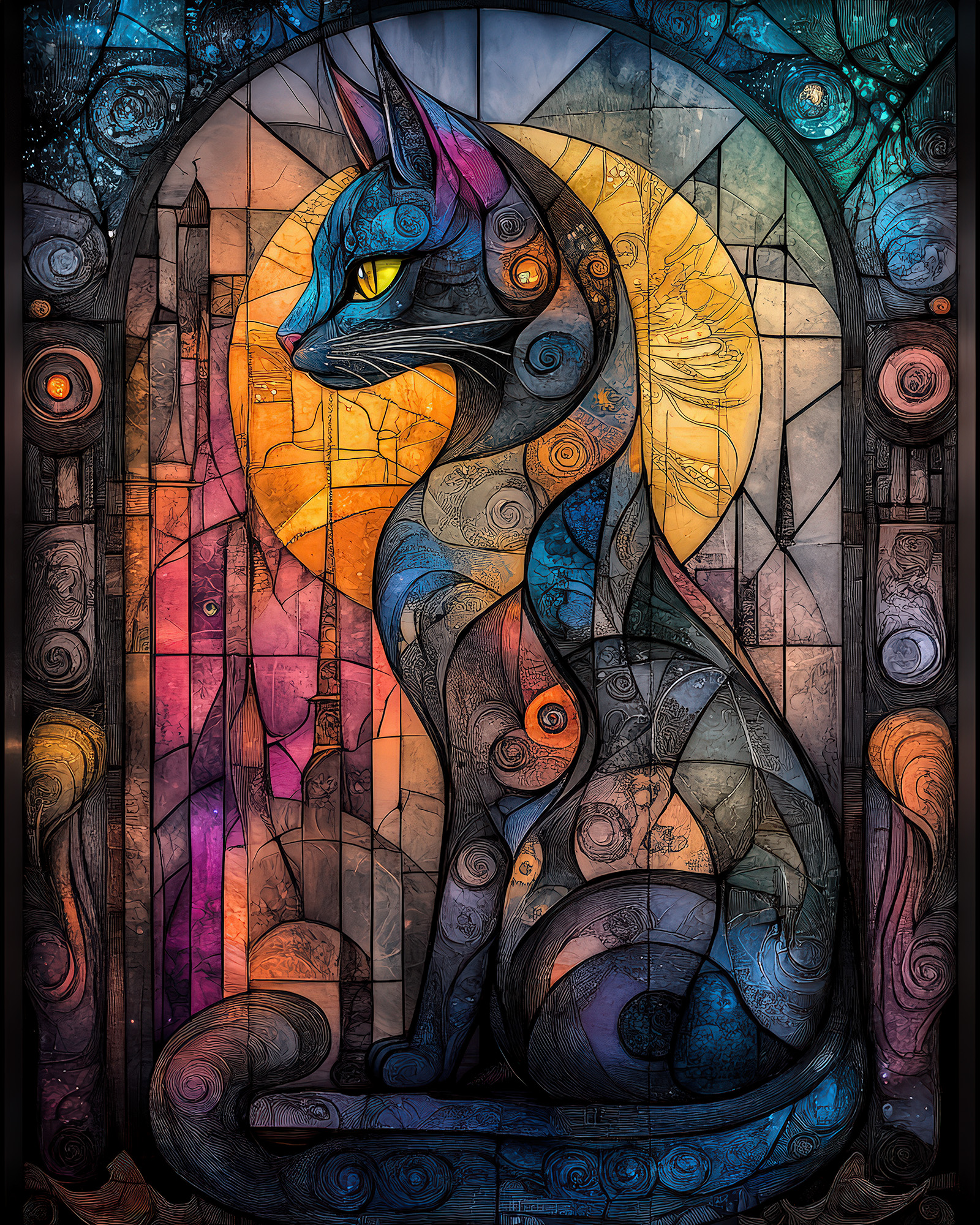 Stained Glass Cat Wall Art — 9 Colorful Printable Cat Prints, Blue and Gold - Image 5