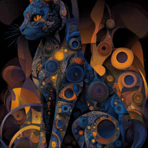 Stained glass cat wall art print with leaded colour cells on amber ground