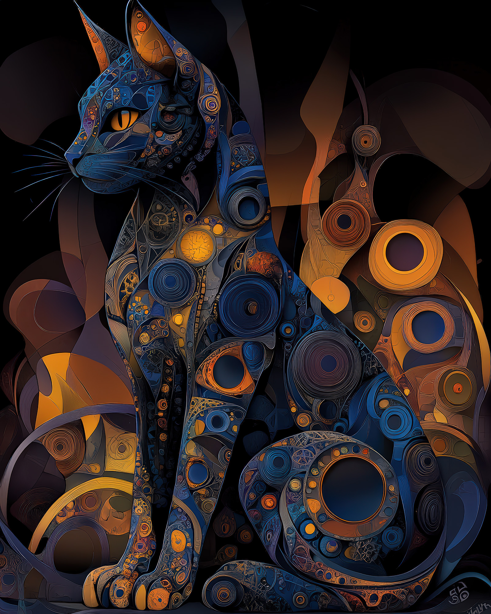 Stained glass cat wall art print with leaded colour cells on amber ground