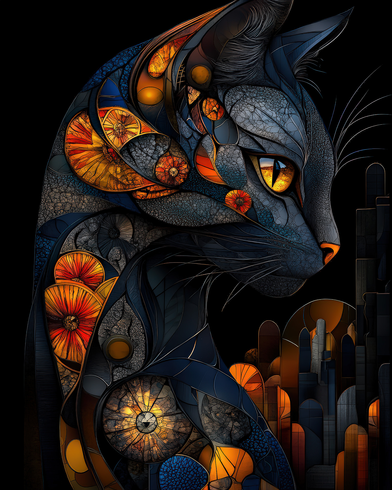 Stained Glass Cat Wall Art — 9 Colorful Printable Cat Prints, Blue and Gold - Image 3