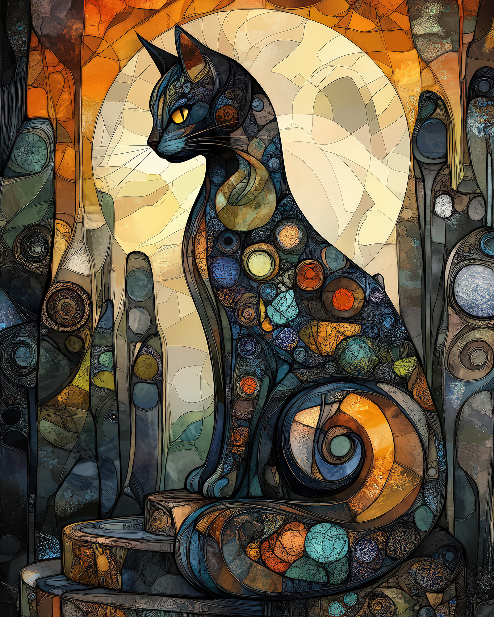 Stained Glass Cat Wall Art — 9 Colorful Printable Cat Prints, Blue and Gold - Image 2