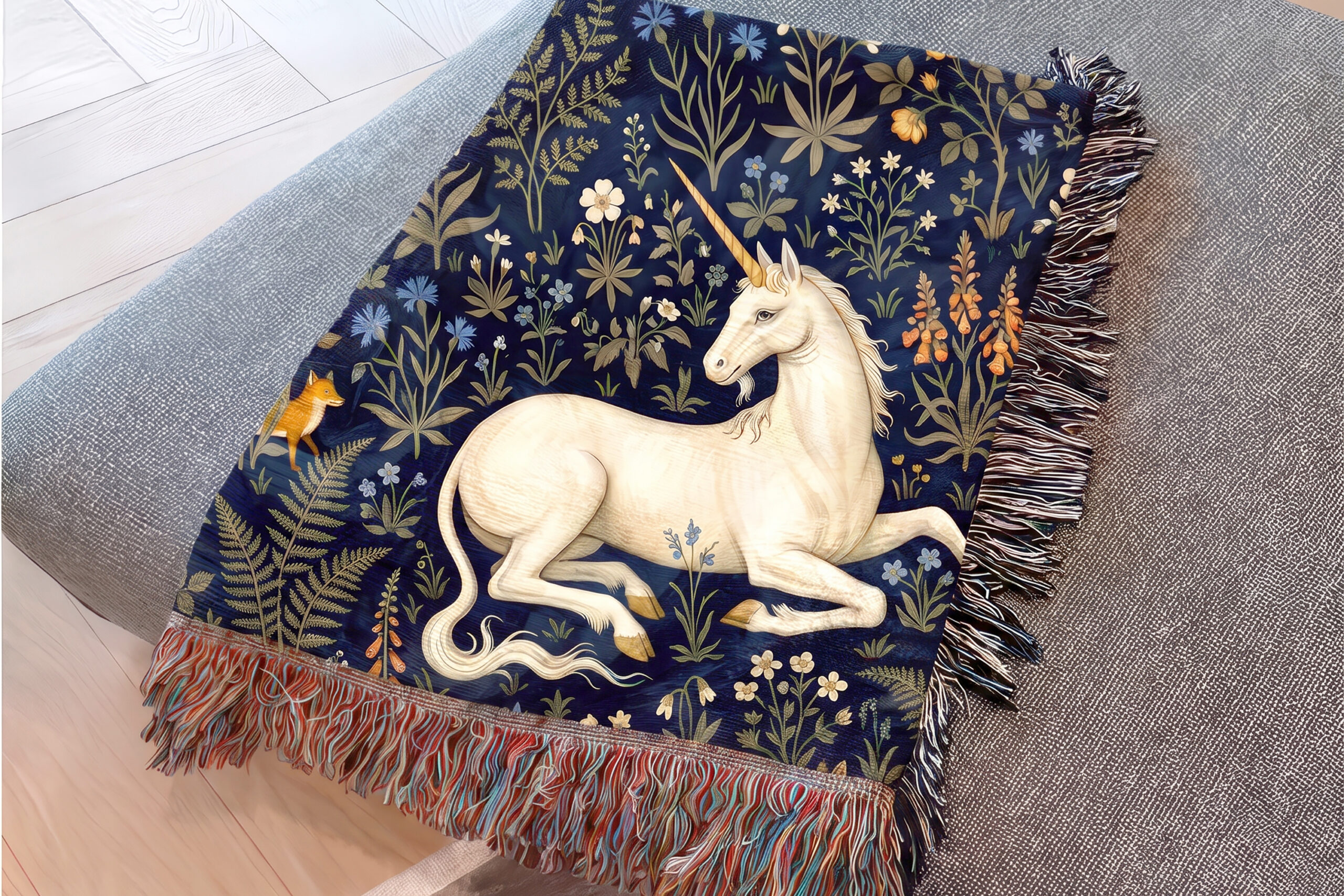 Unicorn Tapestry Woven Blanket — Millefleurs Unicorn at Rest - Image 4