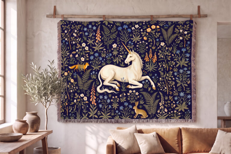 Unicorn tapestry woven blanket, a white unicorn lying at rest in a dense field of ivory and gold wildflowers on a deep indigo ground, with a fox and a hare