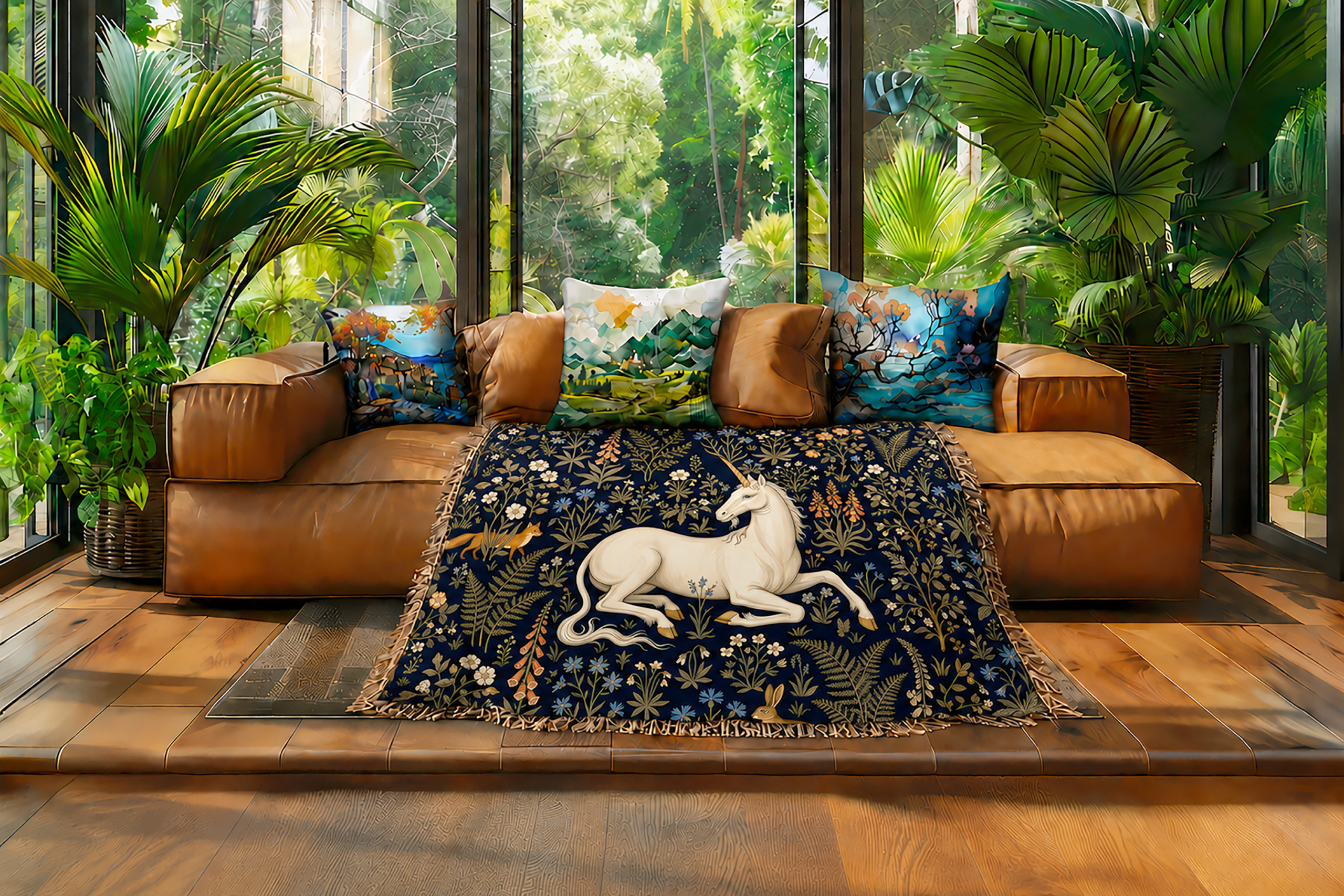 Unicorn Tapestry Woven Blanket — Millefleurs Unicorn at Rest - Image 6