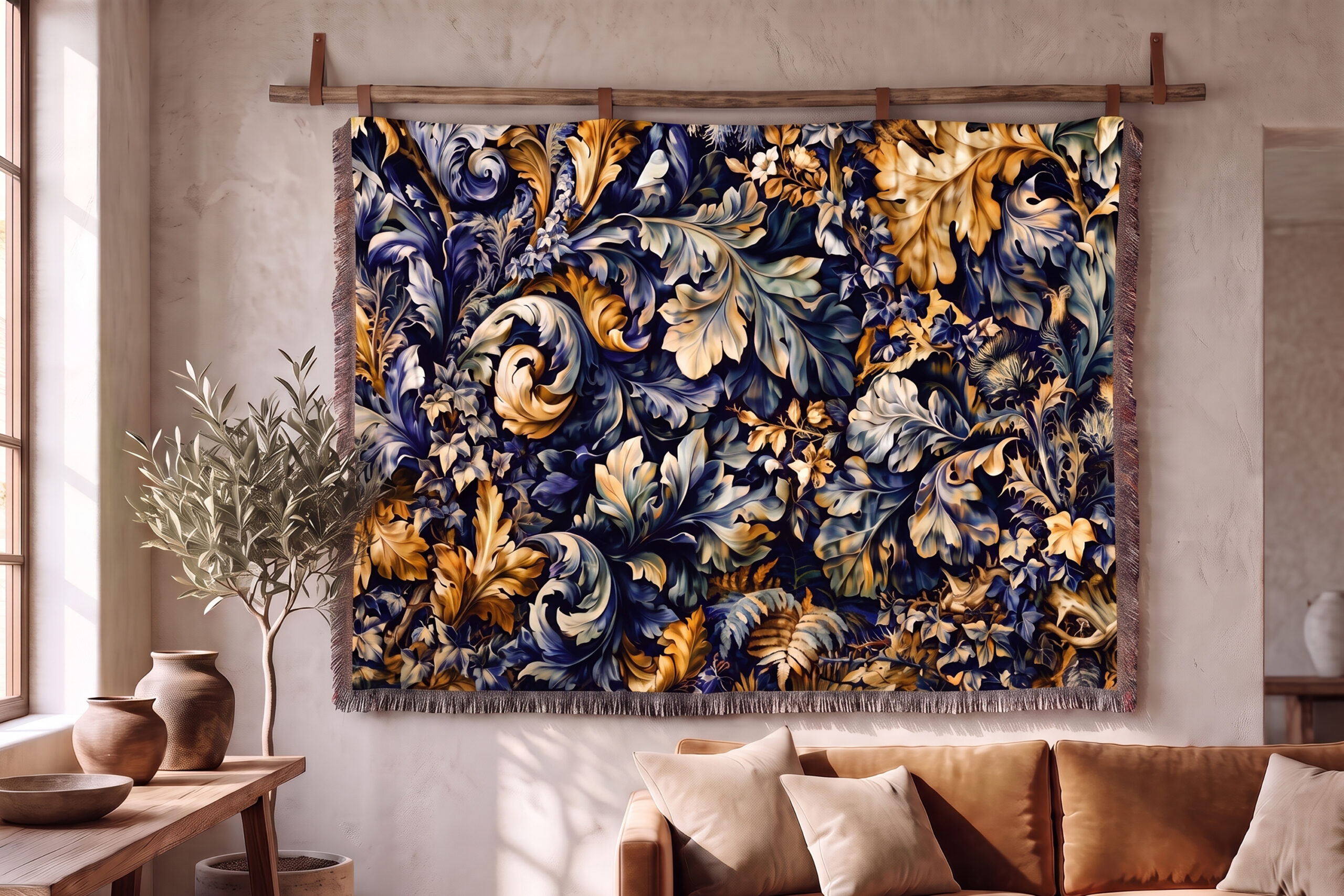 Verdure tapestry woven blanket, dense acanthus, oak and fern foliage in ivory and gold on a deep indigo ground, draped over a chair