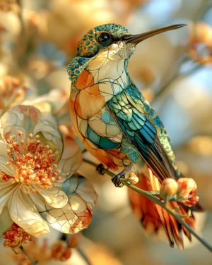 cream camellia hummingbird art