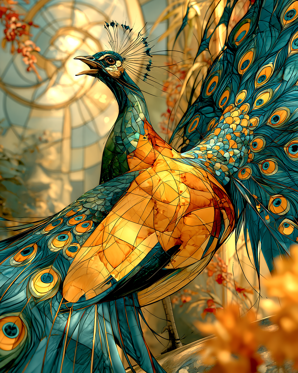 peacock taking flight art