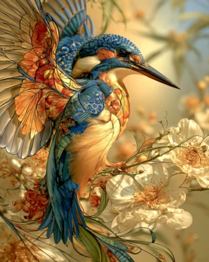 cream flower kingfisher art