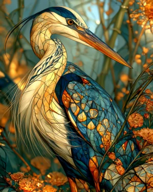 blue mosaic wing heron art