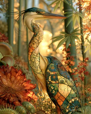 red flower heron art