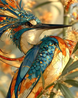 crested blue kingfisher art