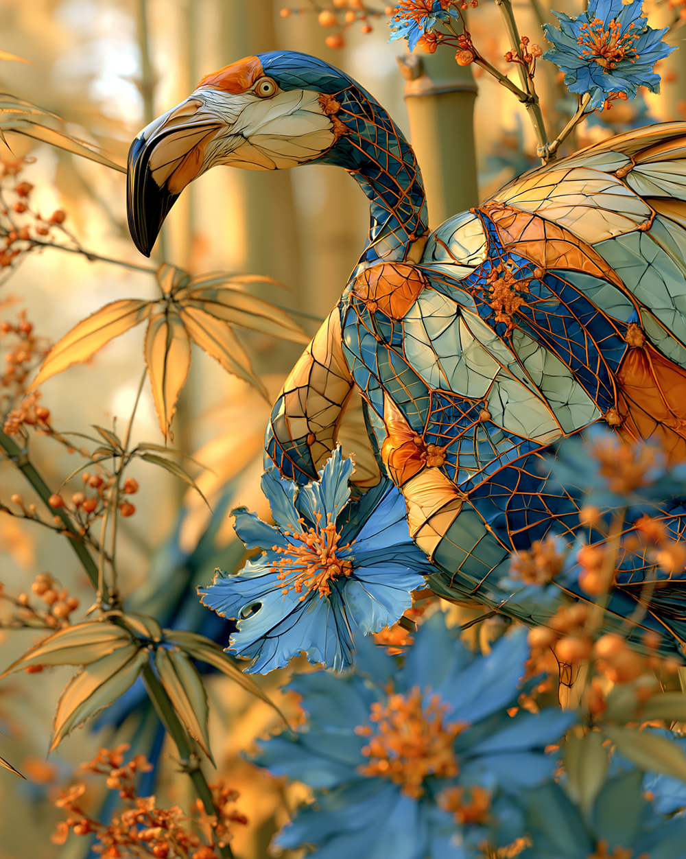 blue flower flamingo art