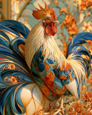 white rooster blue tail art
