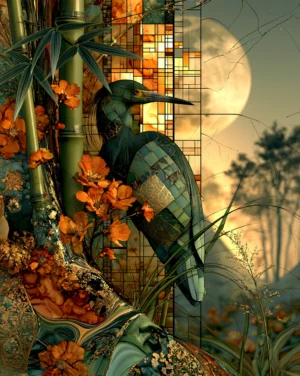 moonlit bamboo heron art
