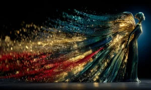 red teal gold gown art