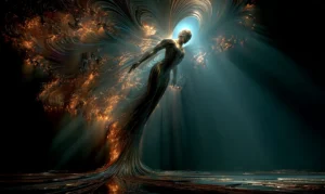 leaning angel gold clouds art