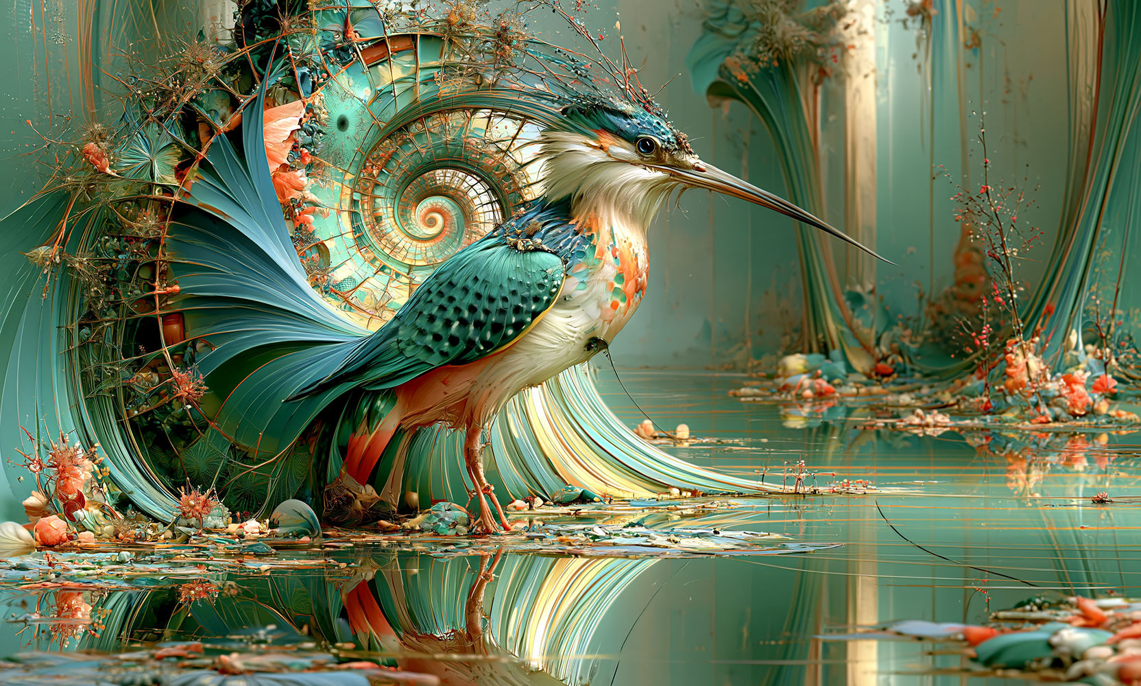 shell winged kingfisher art