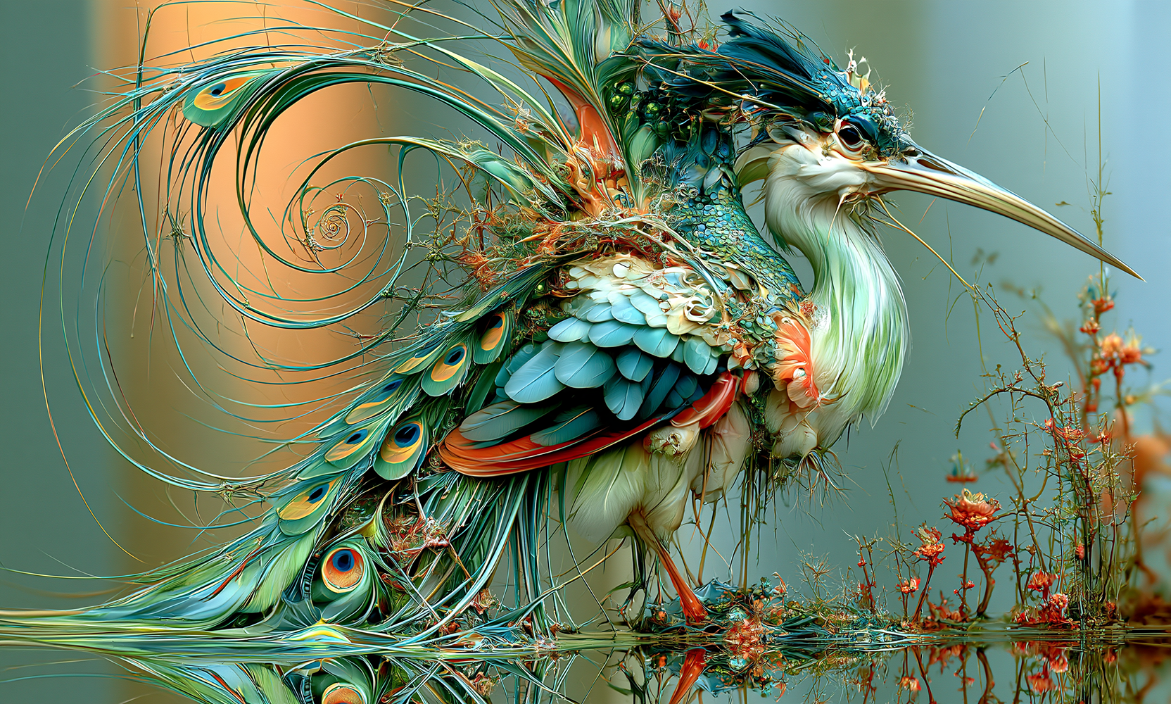 peacock plume heron art