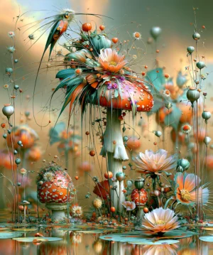 orange crown mushroom hummingbird art