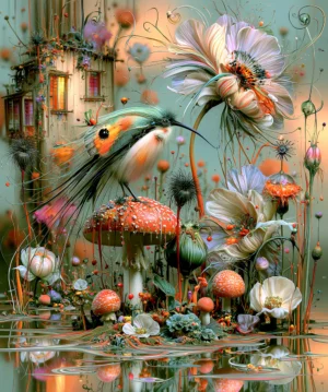 window cottage hummingbird art