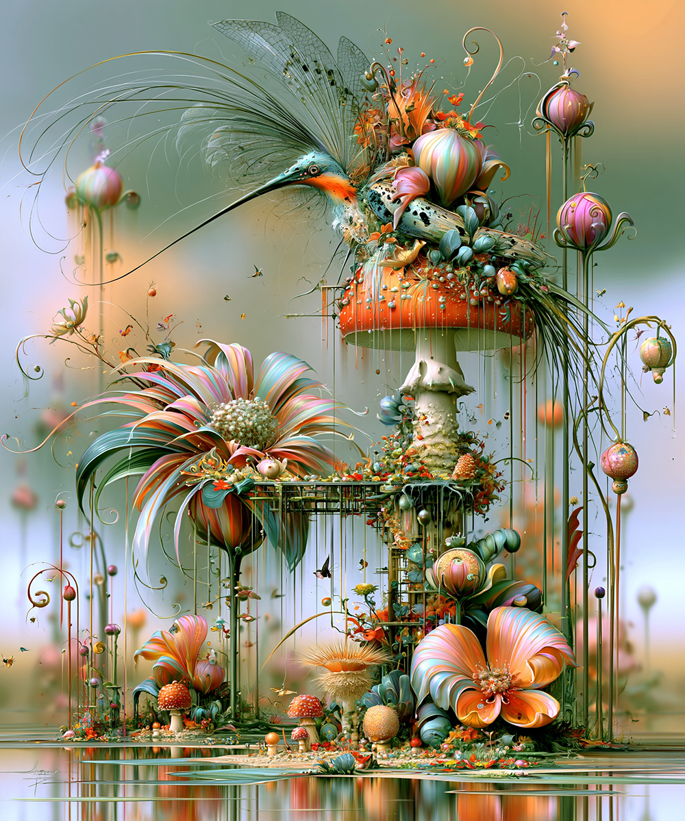 mushroom table hummingbird art