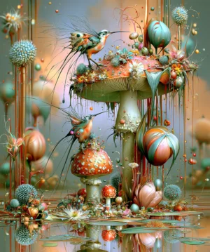 mushroom perch hummingbird art