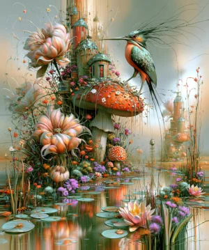 cottage mushroom hummingbird art