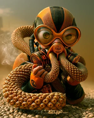 gas mask snake charmer art