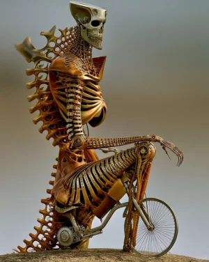 seated skeleton cyclist art