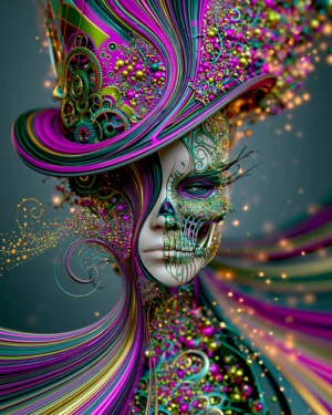 magenta hat skeleton portrait art