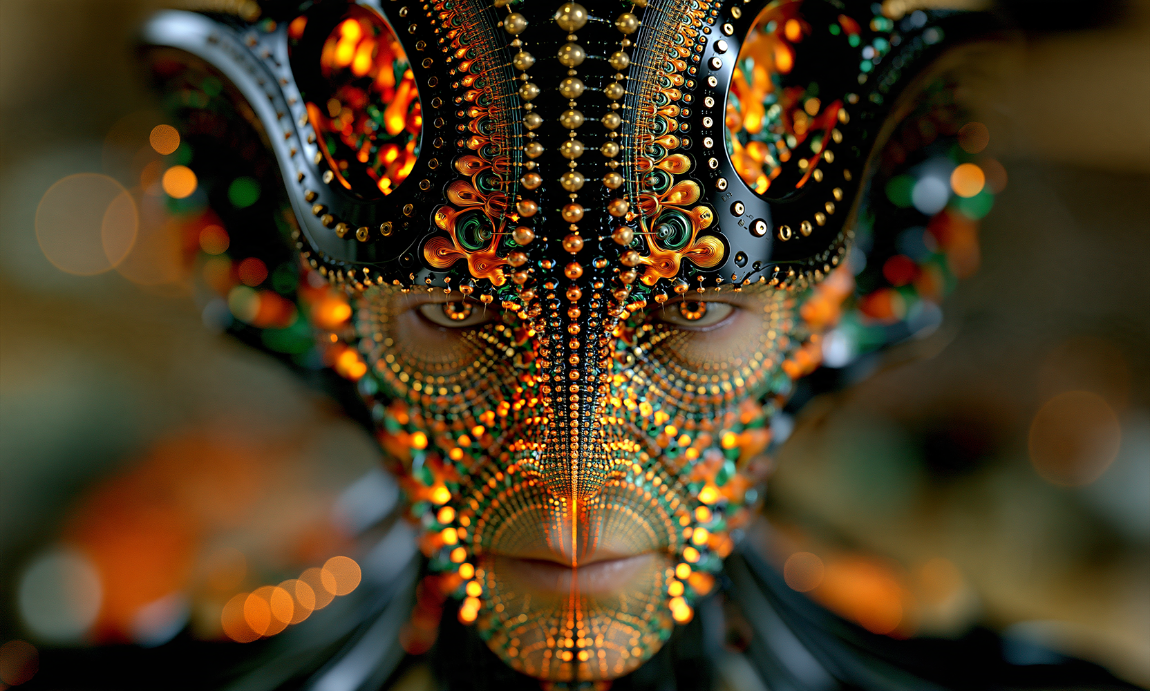 studded horned face landscape art