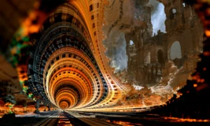golden ruin tunnel landscape art