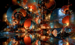 brass engine clockyard landscape art