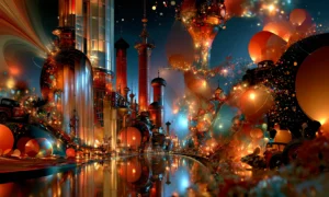 red smokestack quarter landscape art