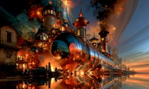 streamliner in the smoke town landscape art