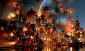 locomotive and the carnival wheel landscape art