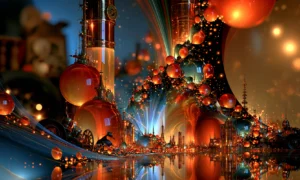 red orb tower bloom landscape art