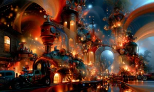 brass robot locomotive landscape art