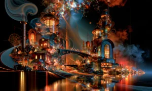 pier of steam and gears landscape art