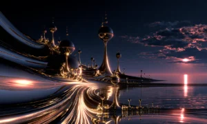 dewdrop towers sunset landscape art