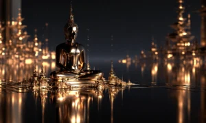gold buddha skyline landscape art