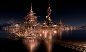 lake pagoda buddha landscape art